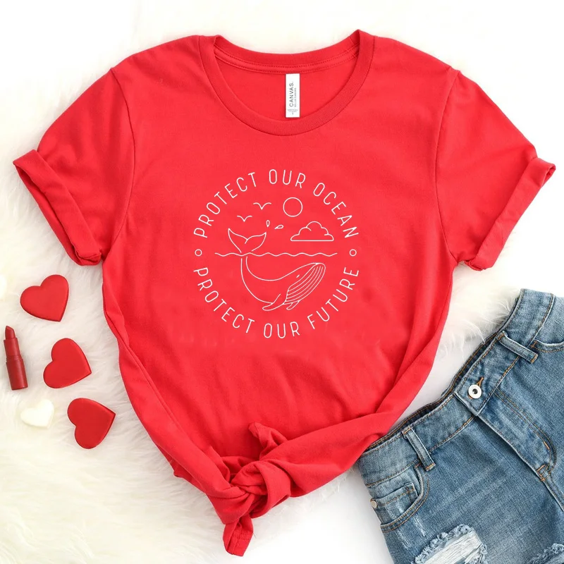 Защита океана женская футболка защита будущего слоган футболка Повседневная с круглым вырезом футболки с Китом летние хлопковые топы Прямая - Цвет: Красный
