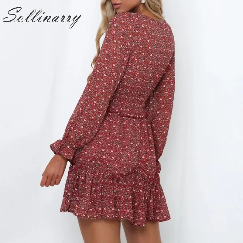 Sollinarry винтажные цветочные короткие платья с длинным рукавом Женские 2019