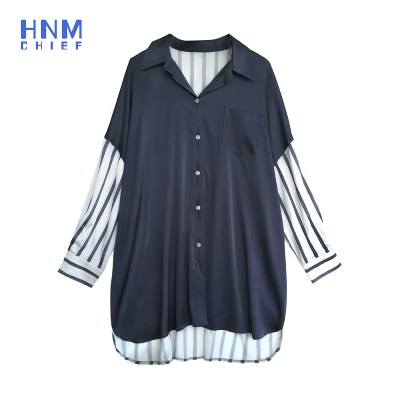 

HNMCHIEF Blue Sleep Shirts Splicing Blouse Summer Autumn Silk Stripe Undergarments Underclothes Sexy Sleepshirt Long Print Dress