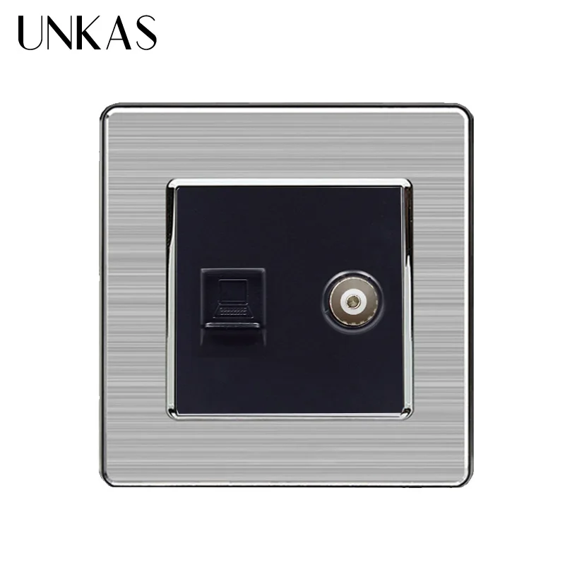 Black UNKAS 2 комплекта RJ45 Интернет-данных компьютерный разъем CAT5E разъем с женским ТВ-выходом из нержавеющей стали матовая панель настенная розетка - Тип: Black