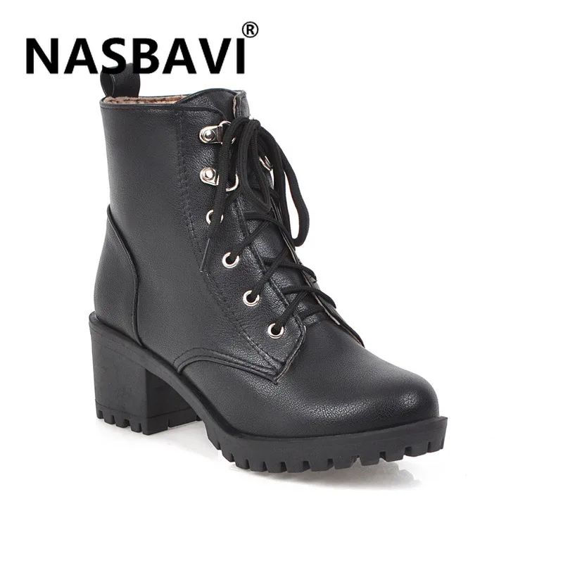 

2019 high quality pu leather boots women lace up autumn winter ankle boots for women platform high heels boots size 34-45