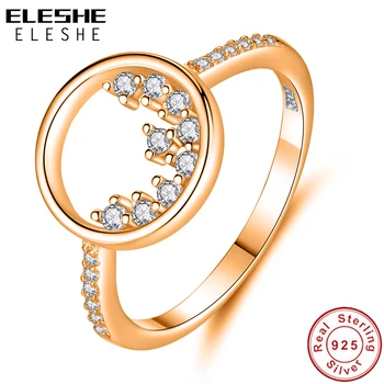 

ELESHE 100% 925 Sterling Silver Circle Round Finger Ring Shining Crystal Zirconia Rose Gold North Ring for Women Party Jewelry