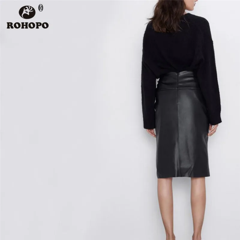 ROHOPO искусственная кожа вырез черный до колена юбка пояс-бабочка Высокая Талия Расклешенный подол осень кожа Falda#2651