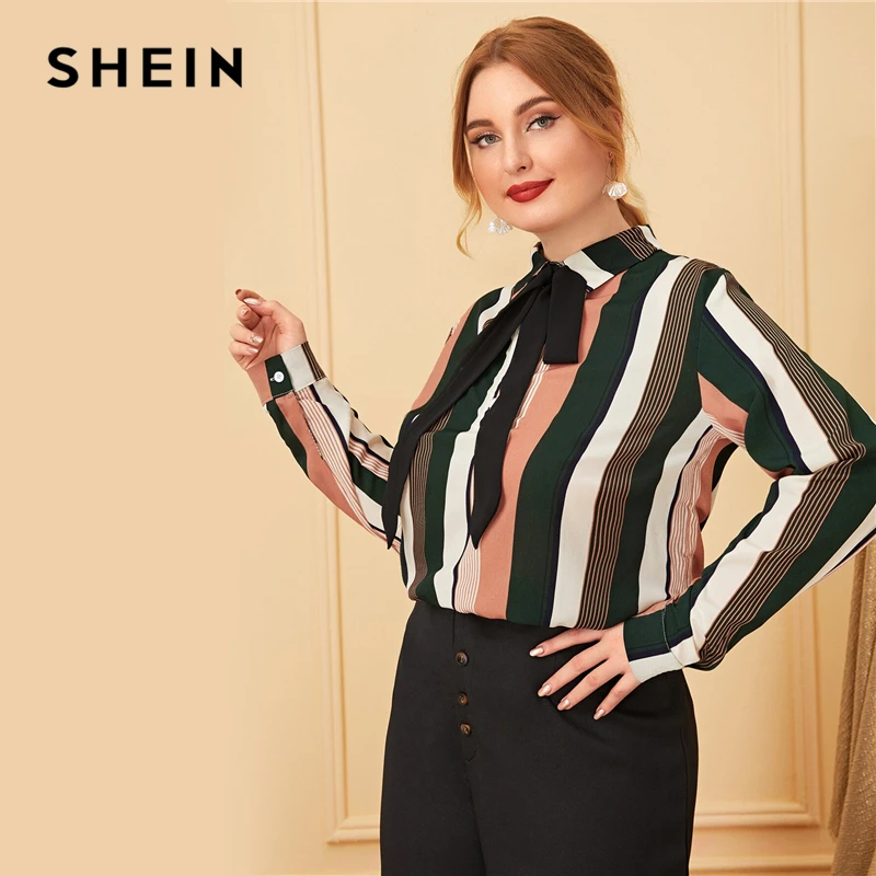  SHEIN Plus Size Multicolor Block Stripe Tie Neck Shirt Blouse Top Women Autumn Long Sleeve Elegant 