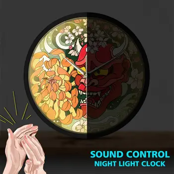 

Gothic Red Oni Demon Mask Sound Activated Light Emitting Wall Clock Japanese Peony Flower Night Light Sherpa Evil Death Watch