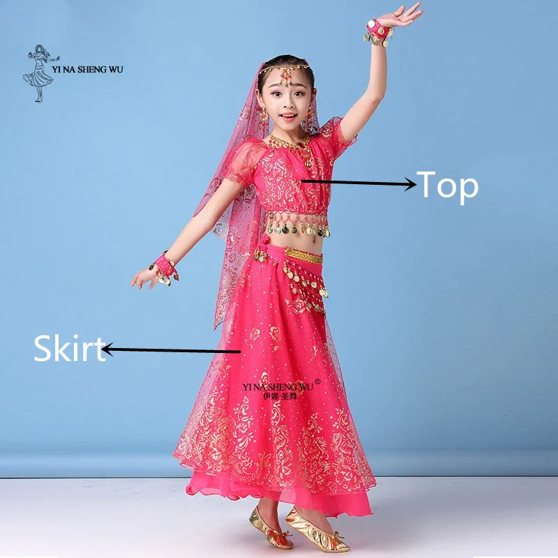 Rose 2pcs Детский костюм для танца живота, индийский Детский костюм для танца Болливуда, шифоновый топ, юбка с поясом, головной убор из вуали, сари, 8 шт - Цвет: Rose 2pcs