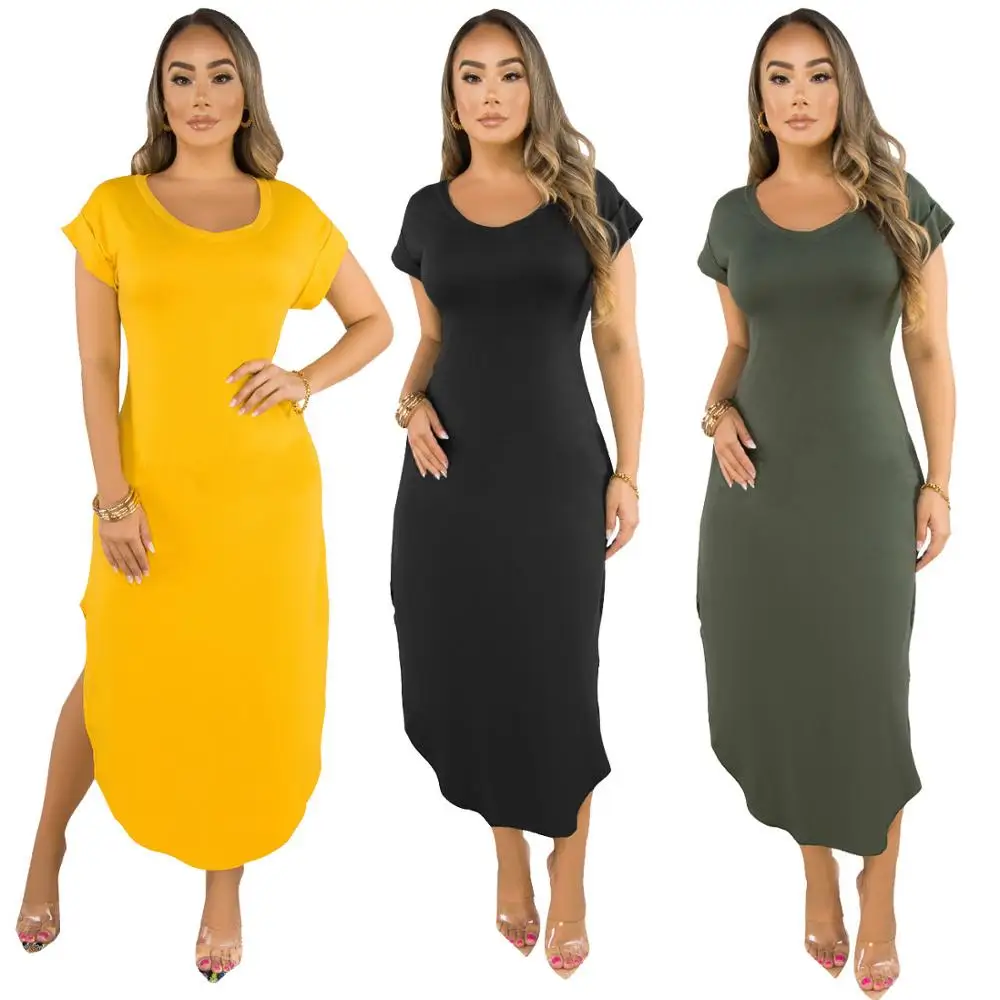

Adogirl Summer Women Casual Loose Long Maxi Dress Solid Color Bandage Short Sleeve Simple Style Slit Dress With Pocket Vestido