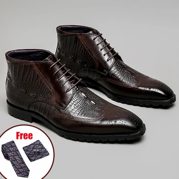 

Phenkang Men Full Grain Cow leather Crocodile Texture Ankle Chelsea Boots Brogue Casual Ankle Flat Lace up Dress boots 2020