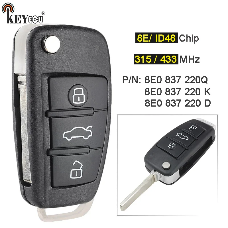 Брелок дистанционного управления KEYECU 315 МГц/433 МГц ID8E / ID48 чип 8E0 837 220 Q K D для Audi A6L Q7