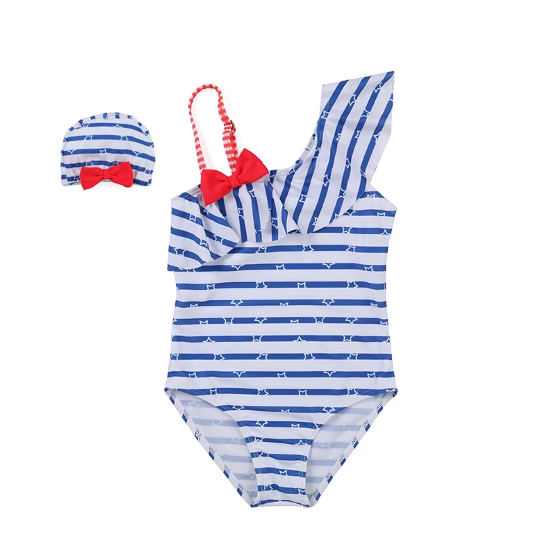 

3-8 Y Girl One Piece Swimsuit Blue Stripe & Star Pattern Kids Sling Swimwear Children Bathing Suit Kids Beach Wear Swimming Cap