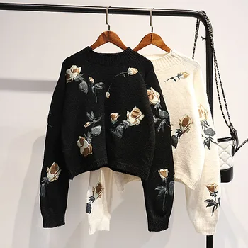 

Vintage Women Sweaters And Pullovers O-Neck Long-Sleeved Short Flower Embroidery Loose Short Lady Elegant Pulls Outwear Coat Top