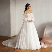 

Elegant Polka-Dot Wedding Dress 2021 A-Line Off Shoulder Ruched Backless Tulle Sweep Train Princess Bride Gown Vestidos De Noiva