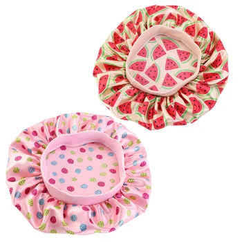 

2pcs Kids Night Cap Printing Night Hat Sleeping Cap Satin Head Cover Soft Bathing Shower Cap for Home Travel