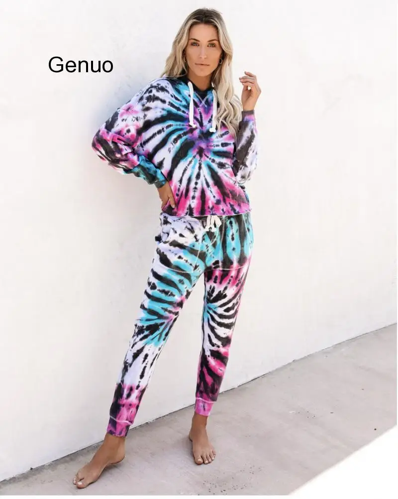 Spring Tie-dye Two Piece Women Sets Hooded Corp Top And Long Pant Suit Casual Outfits Bodycon 2 Piece Set Lounge Wear