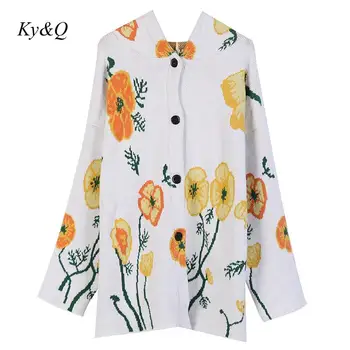 

High-quality Women Long-sleeved Sweater Flower Embroidery Loose Winter Casual Knitted Cardigan Hooded Jacket 2020 New Clothes