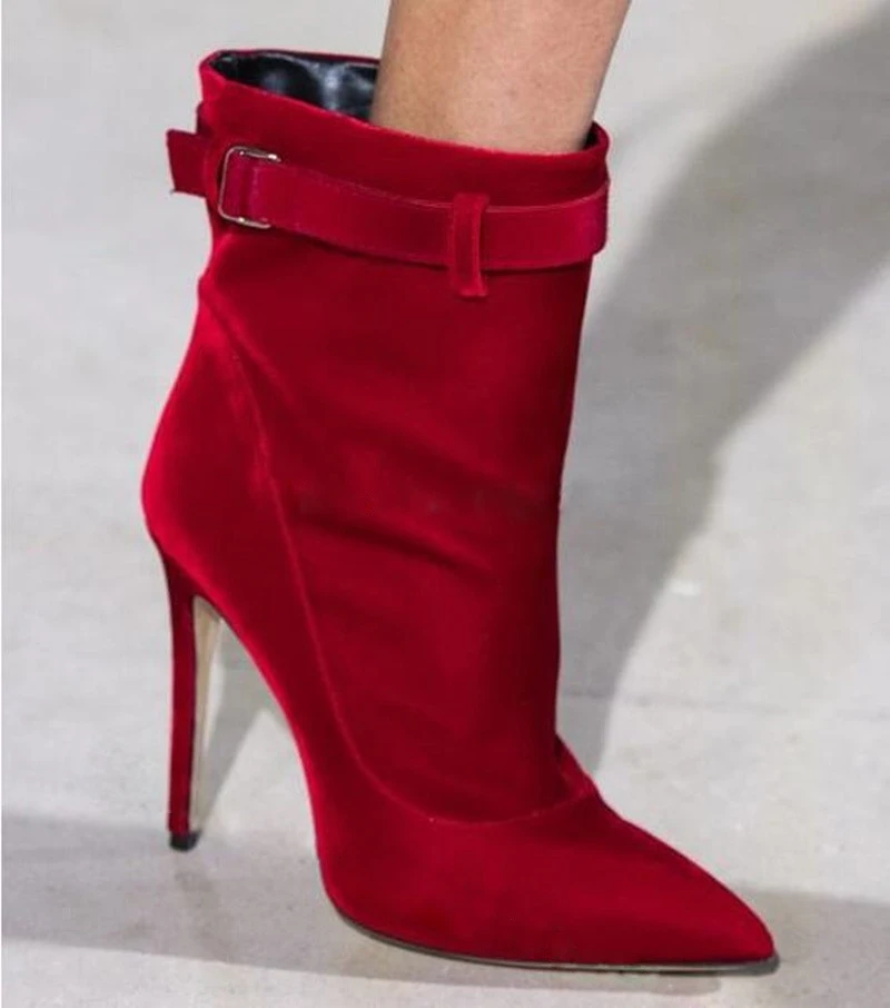 Fashion Red Black Velvet Ankle Buckle Booties Pointed Toe Stiletto Heel Slip on Short Boots Female High Dress Heels | Обувь