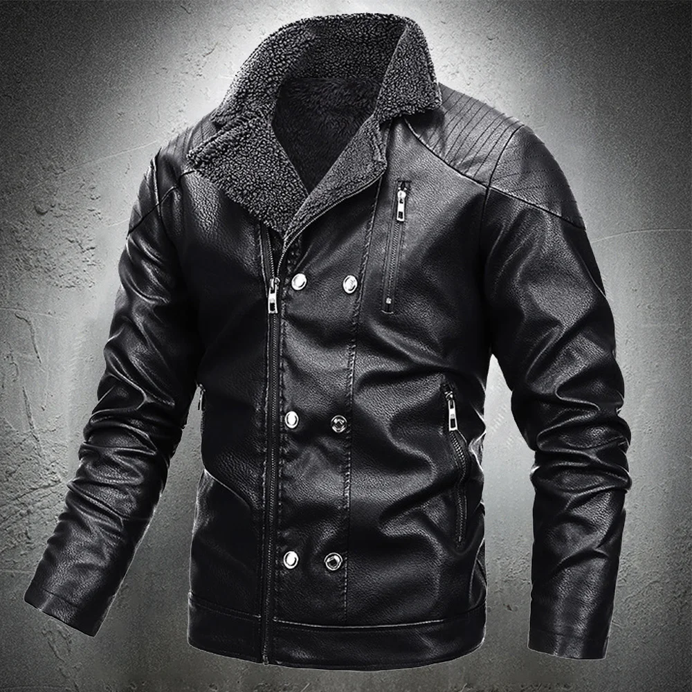 Chaqueta de cuero negro con cuello vuelto para hombre, abrigo cálido y grueso para motociclista, otoño e invierno, Vintage, 2021