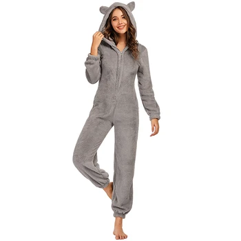 

Winter Women's Cute Fleece Pajamas Hooded Zipper Front Fuzzy Warm Bodysuit Romper Jumpsuit Sleepwear Christmas Warm Homewear