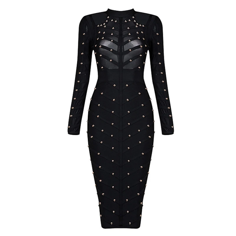 Black Beade облегающее Бандажное платье для женщин Vestidos летнее сексуальное элегантное черное платье с длинным рукавом Миди для знаменитостей Подиум платья для вечеринок