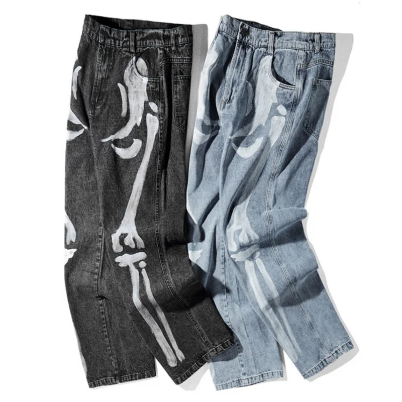 Cheap Blue Black Hip Hop Print Jeans Men Streetwear High Street Denim Pants Mens Retro Ripped Jeans for Men Trousers