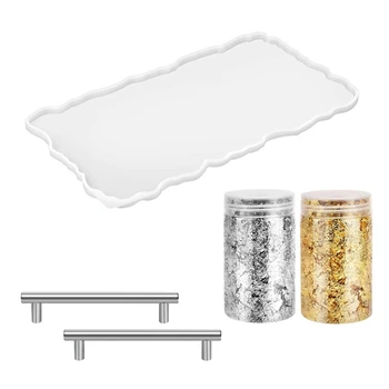 

Silicone Resin Tray Mold,Resin Geometric Tray Mold, with 2 Silver Handles and Golden Flakes,for Resin Casting Tray