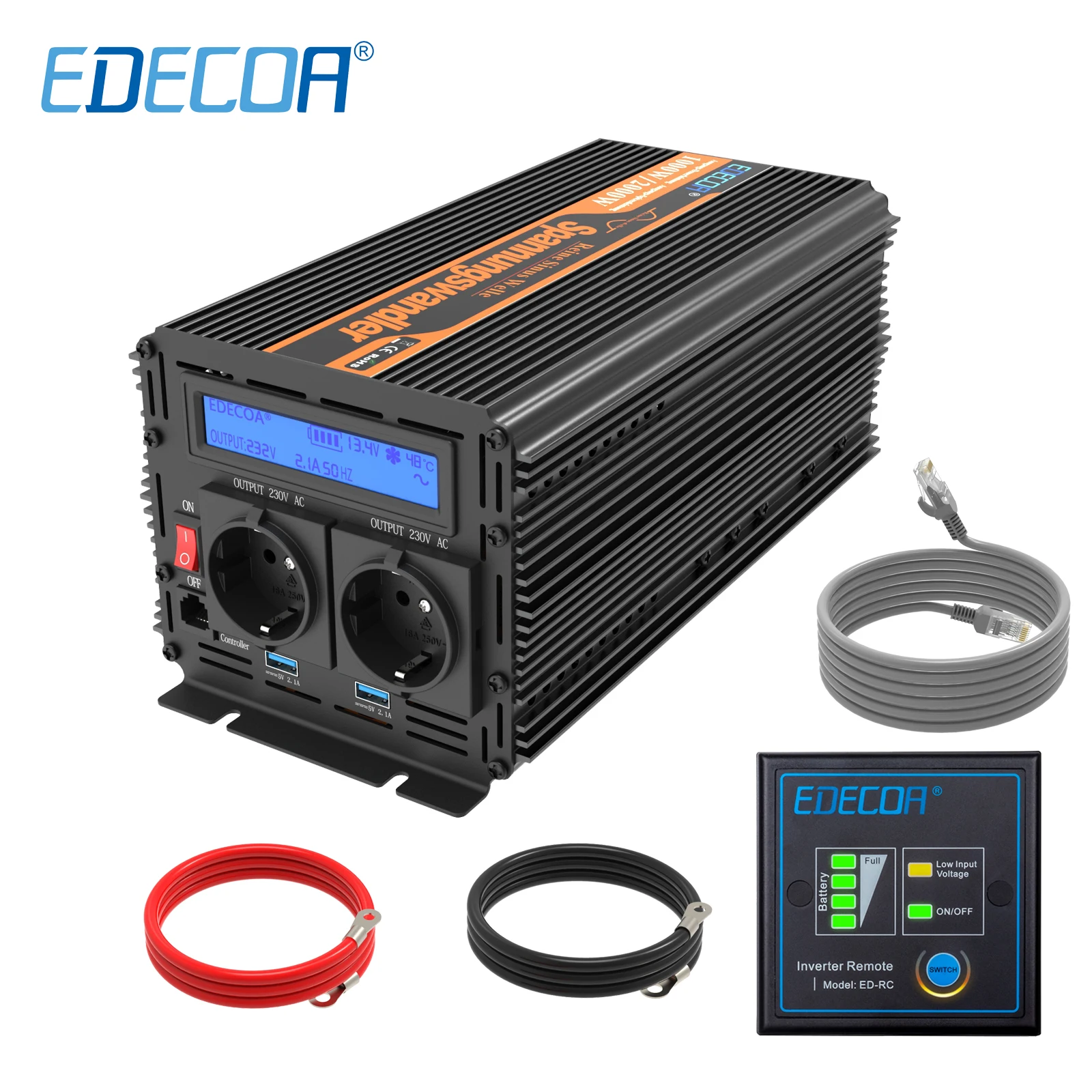 EDECOA 1000W 2000W инвертирующий усилитель мощности DC 12V AC 220V 230V 240V инвертор с чистым синусом с выходом 5V 2.1A USB и пульт дистанционного управления ЖК-дисплей дисплей