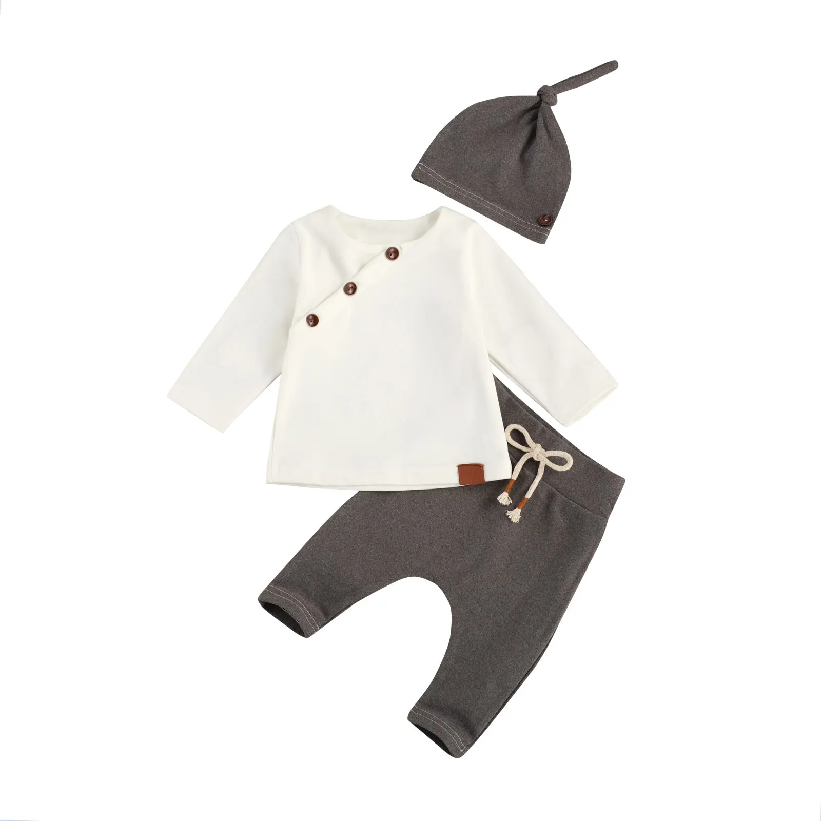 

2020 New Fall Autumn 0-18M Toddler Baby Boy Girl 2Pcs Set Buttons Long Sleeve Elbow Protect Top+Gray Bow Pants+Hat Infant Outfit