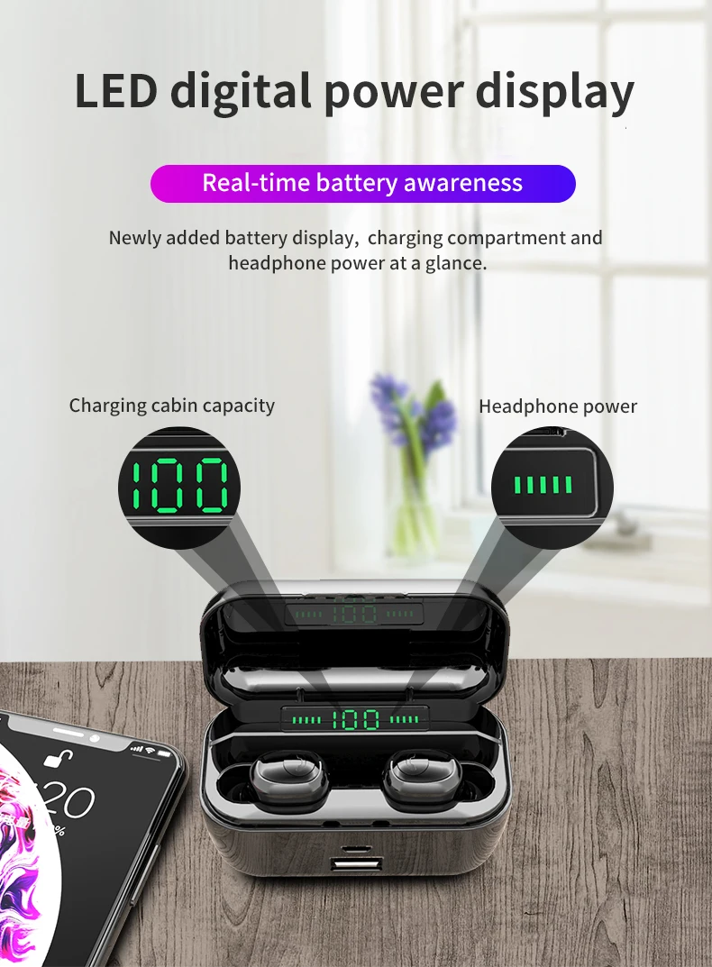 TWS 5.0 Bluetooth Stereo Earphone Wireless Earphones IPX7 Waterproof Earphones 3500mAh LED Smart Power Bank Phone Holder G6S