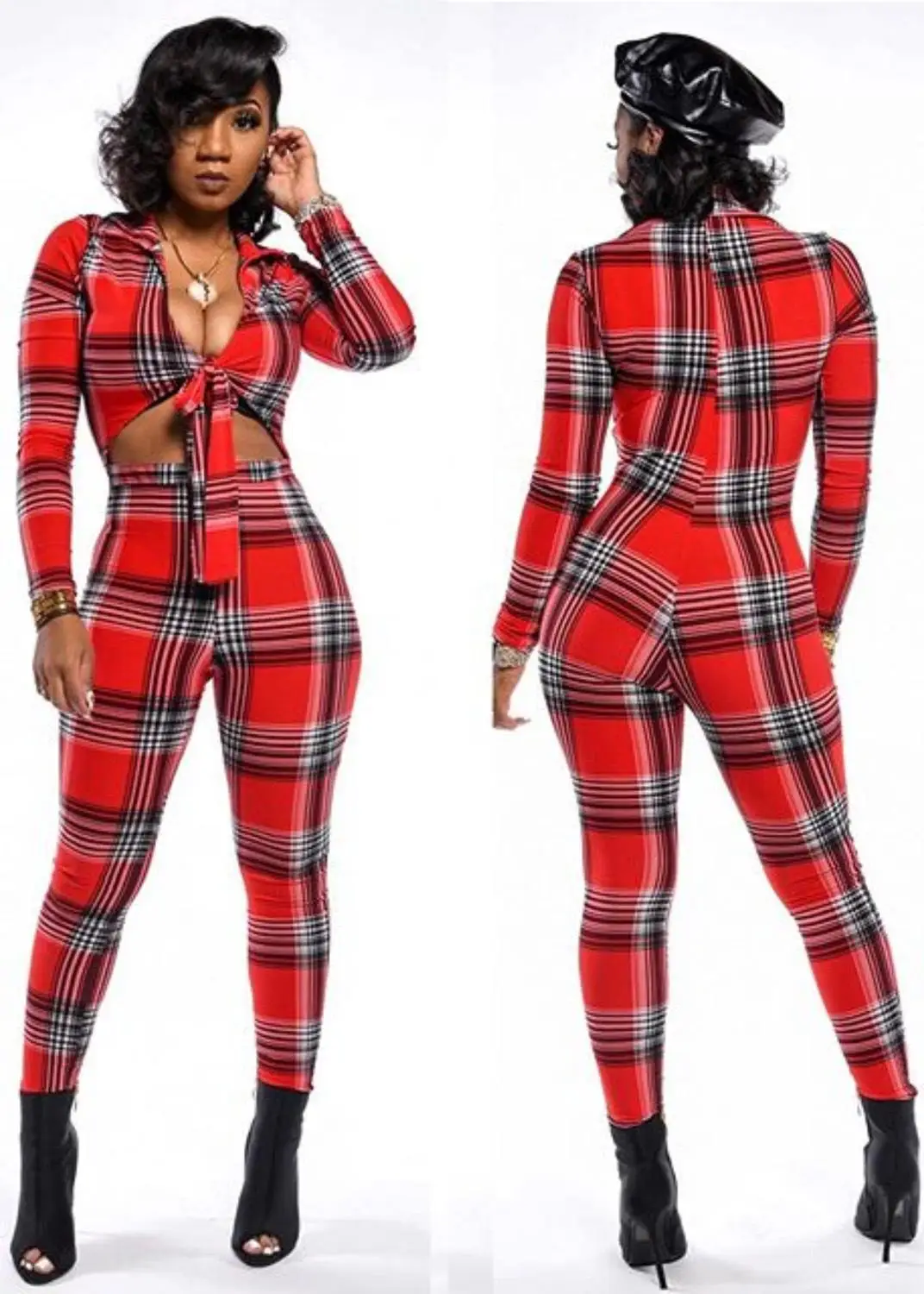 European new fashion plaid spliced women skinny jumpsuits club party sexy deep v-neck hollow out design catsuits