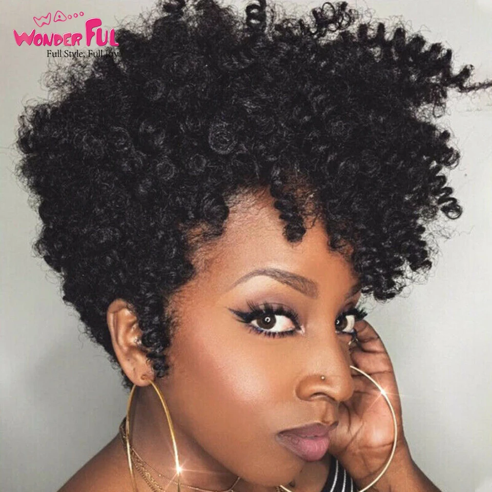 

Wonderful Short Afro Curly Wigs Human Hair Wigs For Black Women Pixie Bob Brazilian Remy Hair Part Side With Bangs Machine Made