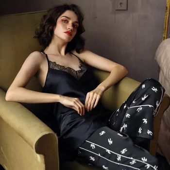 

Sexy Backless 2PCS Strap Top&Pants Satin Print Pajamas Set Lady Lace Nightwear Silky Sleepwear Black Kimono Bathrobe Gown