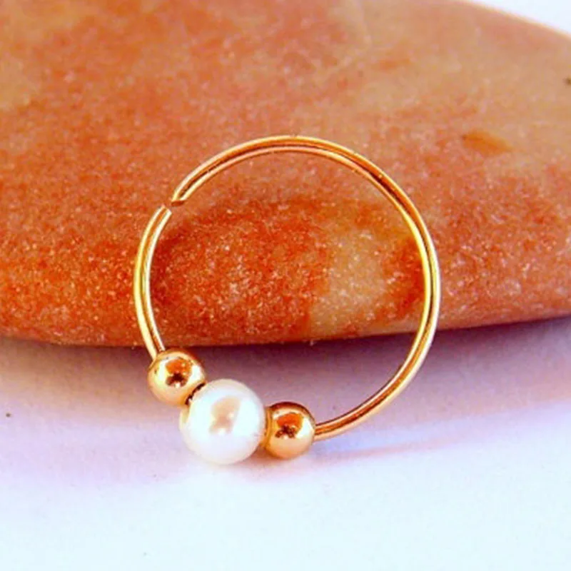 

Tiny hoop gold filled with natural freshwater pearl bead cartilage tragus helix piercing septum nose ring