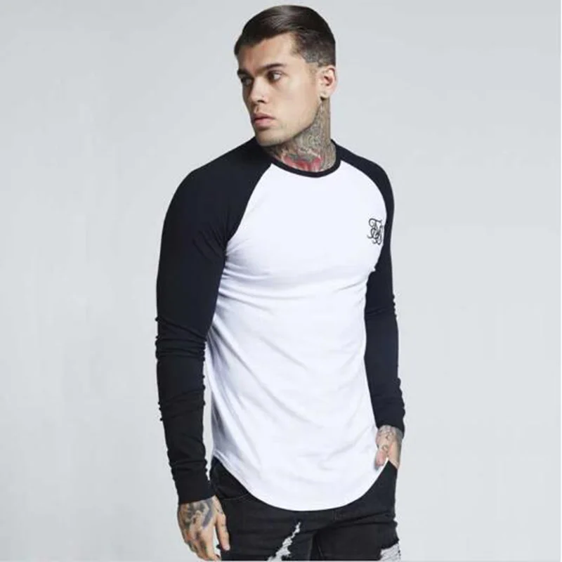 Высокое качество хлопок мужская брендовая Sik шелковая вышитая Футболка сшитая футболка с длинными рукавами Топ Мужская хип-хоп длинная футболка - Цвет: Black