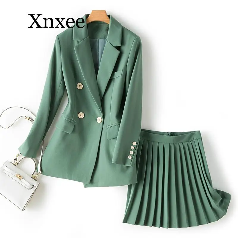 

Women's Sets Chic Single Button Solid Blazer High Waist Pleated Skirt Two Piece Set Fashion Women 2 Piece Skirt Sets