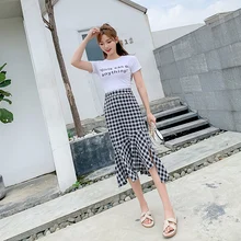 Новинка, летняя женская юбка, плиссированная, с принтом, в клетку, маленькая, прозрачная, неровная, с приливным хвостом, бюст, Openk дизайн, юбки, зеленый, желтый, 320