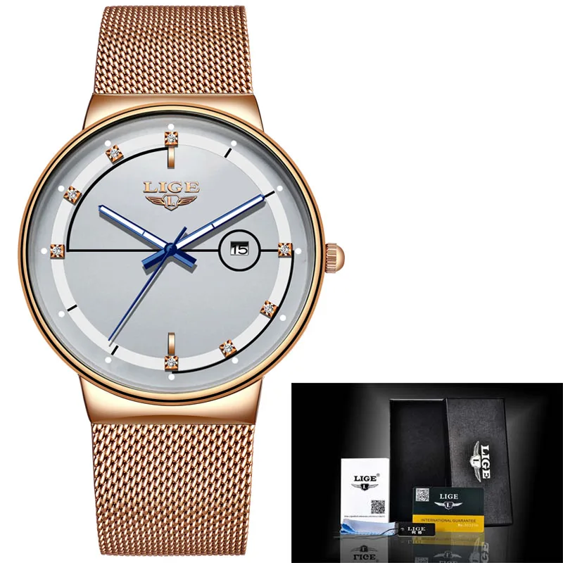 Rose gold white Reloj Mujer LIGE новые женские роскошные брендовые часы простые Кварцевые женские водонепроницаемые наручные часы женские модные повседневные часы - Цвет: Rose gold white