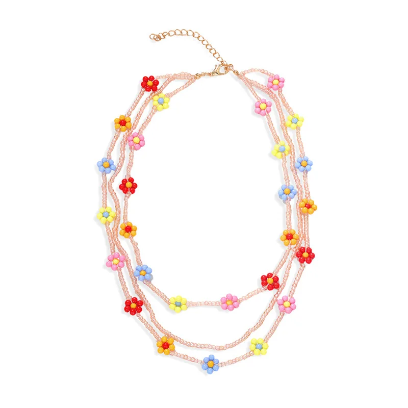 

Multi Layers New Style Boho Handmade Colorful Beaded Flower Necklace for Women Summer Jewelry Cute Flowers Pendant Necklace
