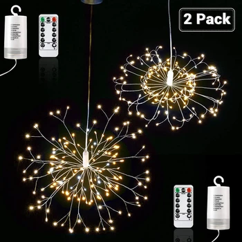 

2Pack Hanging Firework Light Battery Operated Waterproof Remote Control Dimmable Wire String Starburst Lamp Fairy Outdoor Decor