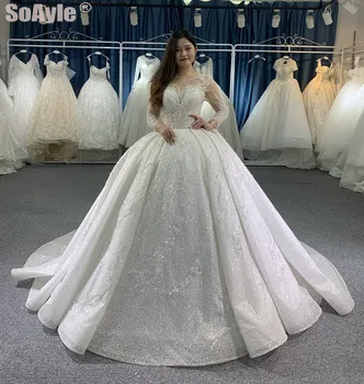 شراءSoAyle فستان زفاف فاخر لامع بأكمام طويلة دانتيل ثقيل مطرز بالخرز فساتين زفاف للنساء بأربطة فيستدو دي نوفيا