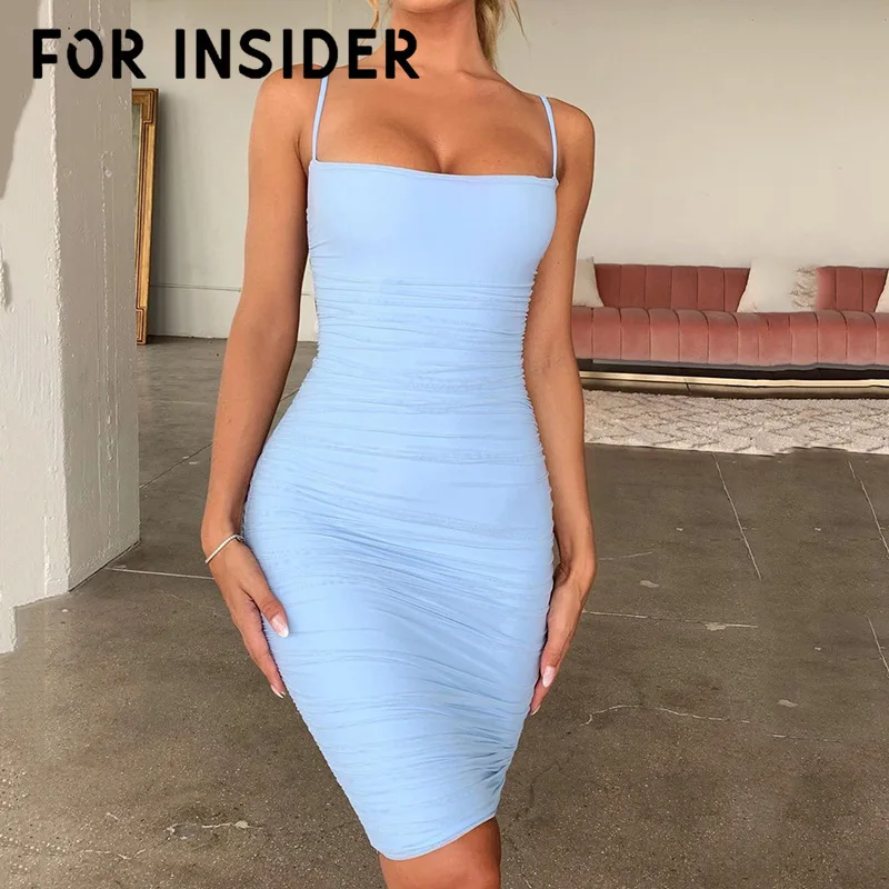 

For Insider Sexy mesh ruched winter dress Spaghetti Strap backless short dress Elegant mini bodycon dresses woman party night