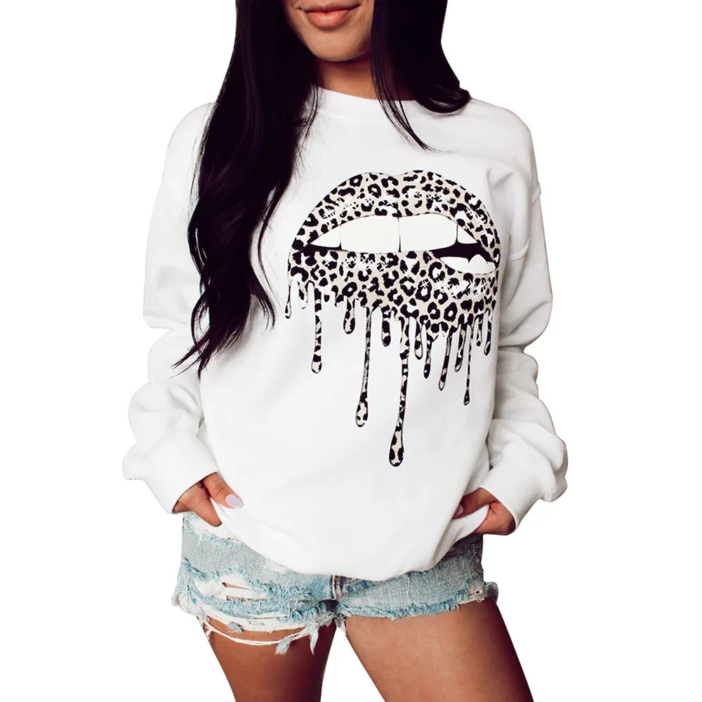 

Amazon Autumn and Winter New Style Leopord Pattern Lips Printed Hoodie Female European and American Minimalist Fashion Crew Neck