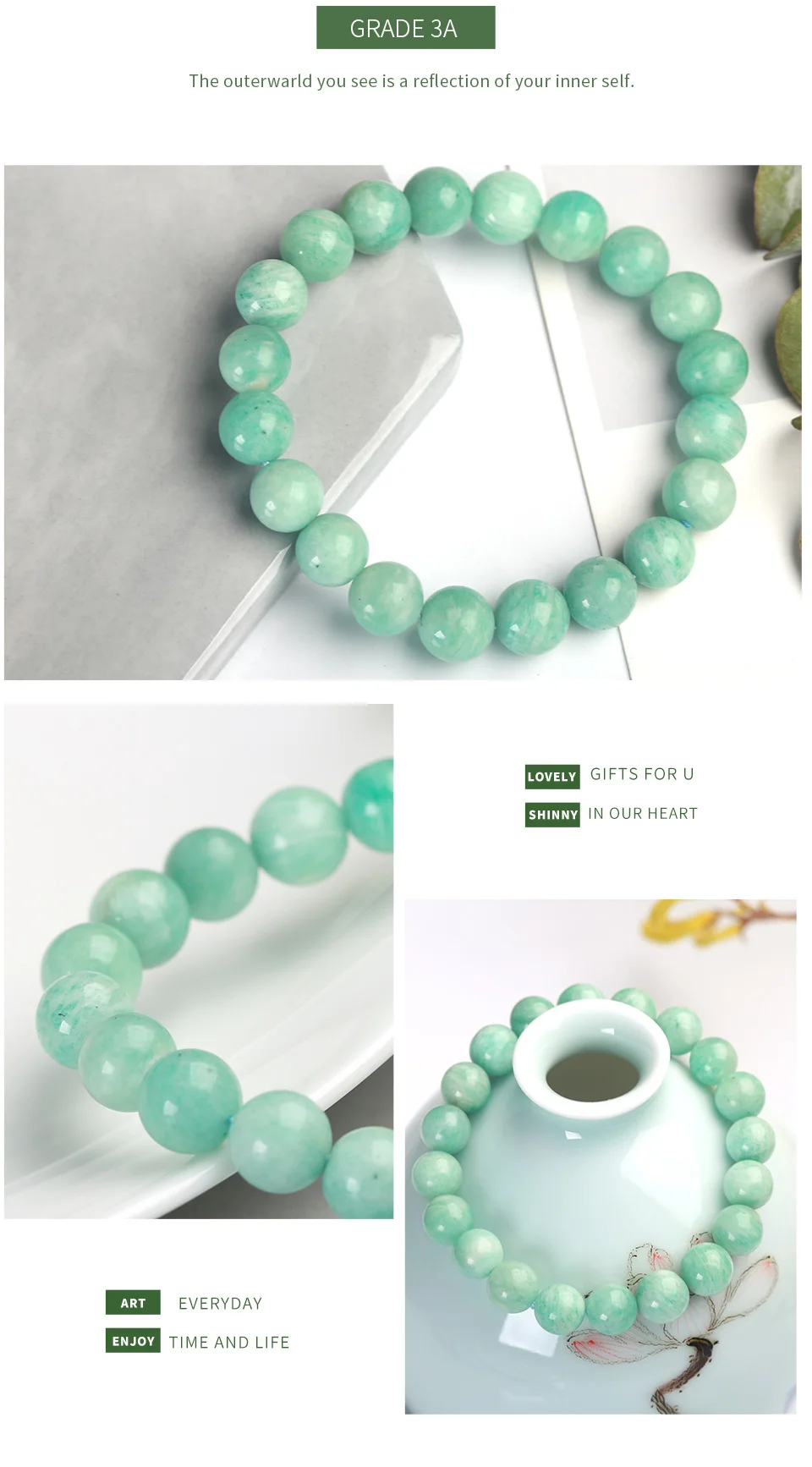 JD Gem Stone 5-12mm AAA+ Green Amazonite Stone Bead Bracelet For Women Girls Lucky Friendship Bracelet Jewelry