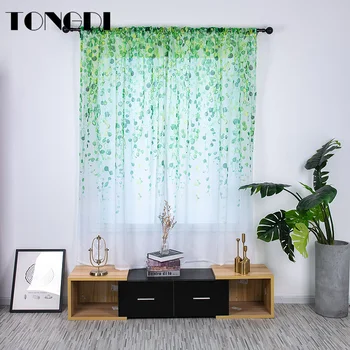 

TONGDI 2PCS White Tulle Digital Printing Curtain Elegant Leaves Transparent Decor For Home Spring Parlour LivingRoom Bedroom