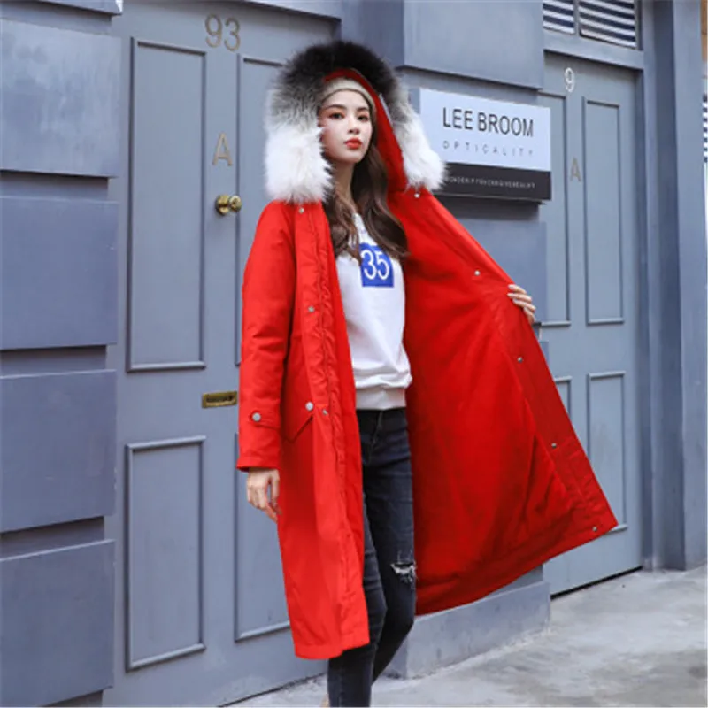red Большие размеры 6XL, парка, куртка, зима, женское длинное высококачественное пальто из овечьей шерсти с капюшоном и меховым воротником, хлопковое пальто, теплое, с хлопковой подкладкой - Цвет: red