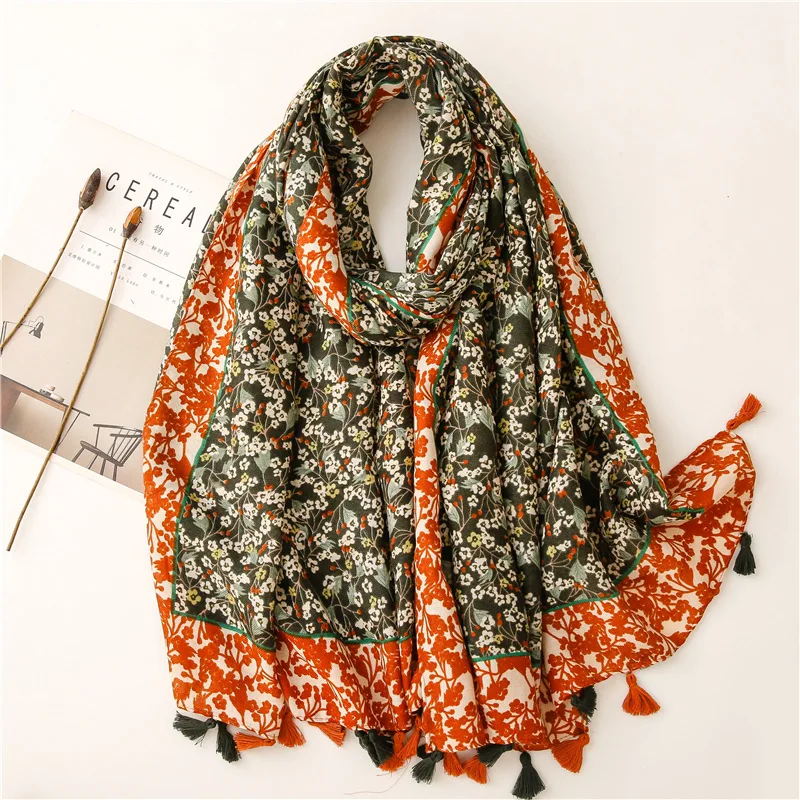 

Fashion Autumn Luxury Brand Viscose Scarf Indian Vintage Floral Tassel Hijab Shawls and Wraps Female Foulards Echarpe Designer