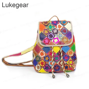 

Genuine Leather Handmade Bags National Style Women Backpack with Flower Mix Color Leather Bags Beach Accessories