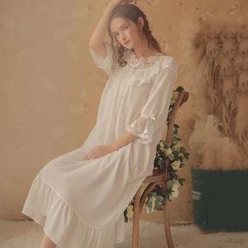 

Vintage Lace O-neck Mid Long Nightgowns For Women Irregular Three Quarter Sleeve Nightdress Bathrobe Female Elegant Homewear