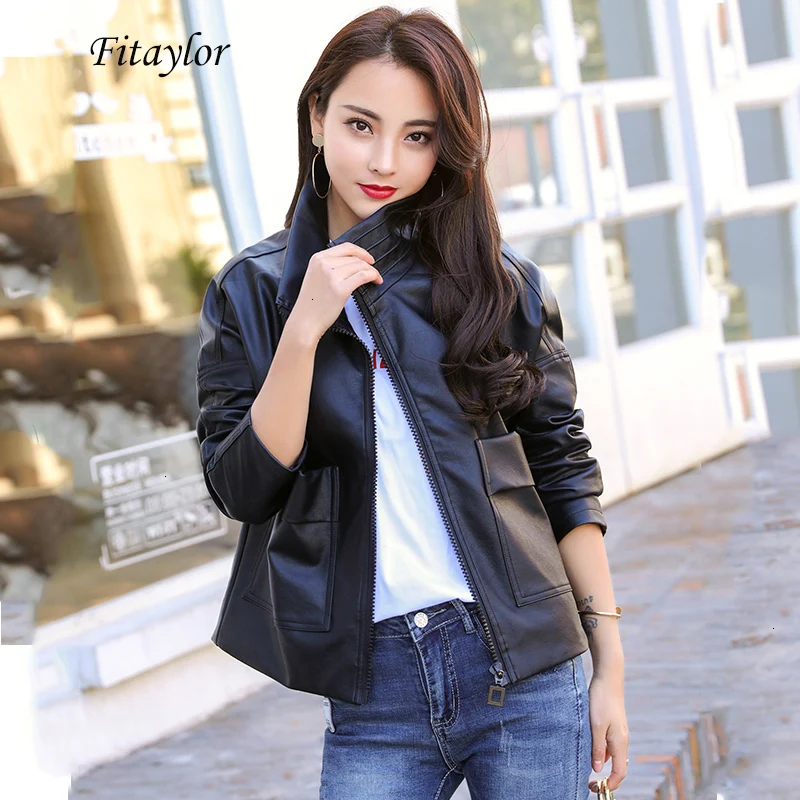 Fitaylor Herfst Vrouwen Faux Pu Motorfiets Lederen Jassen Kraag Rits Zwart Rood Punk Soft Leather Jacket Uitloper |