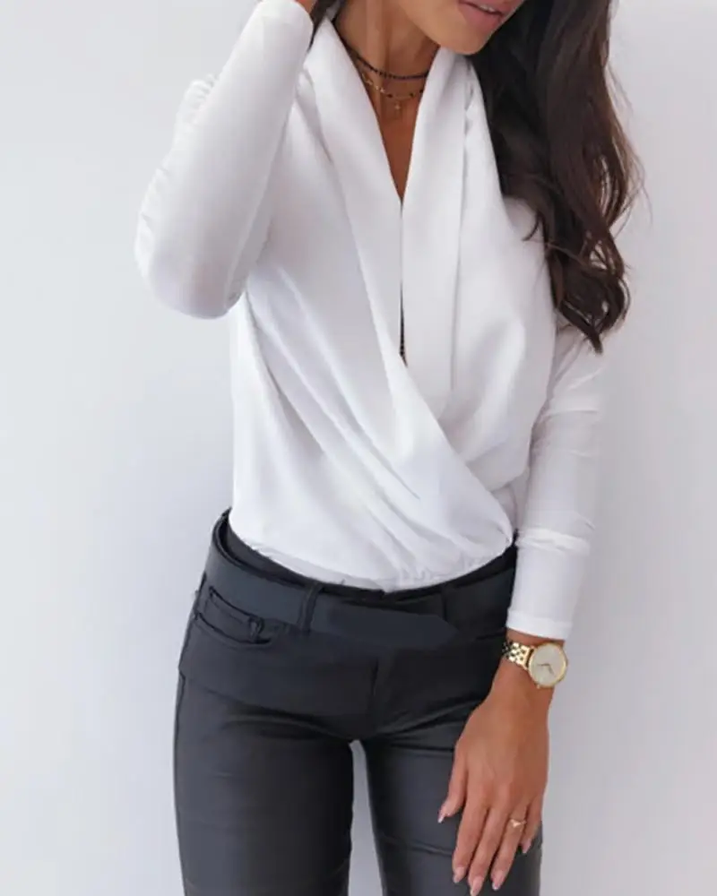 Solid Cowl Neck Long Sleeve Ruched Casual Blouse Tops