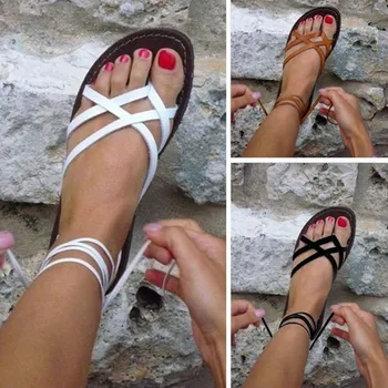 Sandalias de gladiador informales para mujer, zapatos planos con cordones, cómodos, para playa, talla grande 43, 2020